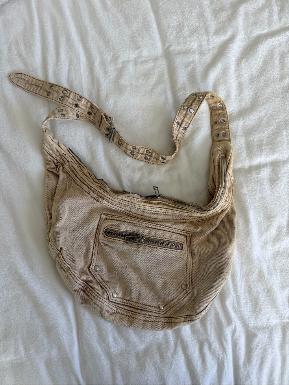 Urban Outfitters Beige Studded Canvas Hobo Bag